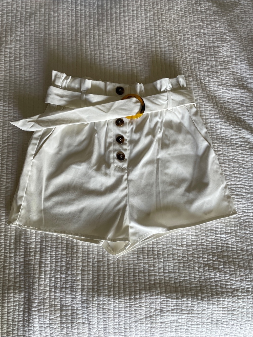 High-Waist Off White Belted Button-Front Women's Shorts